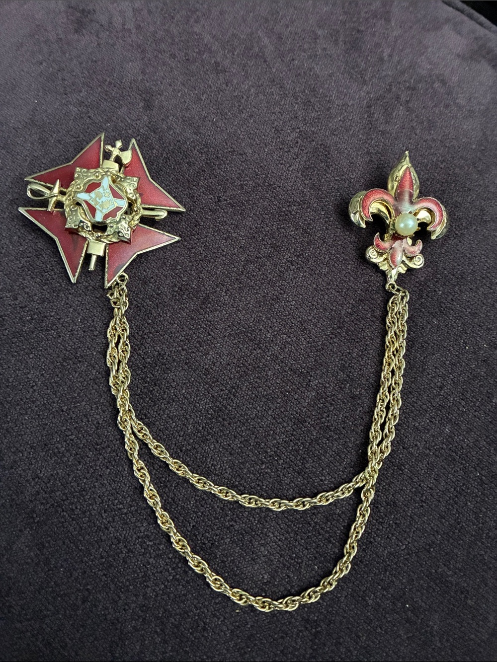 Coro Gold and Red Enamel Maltese Cross and Fleur-de-Lis Double Pin Chain